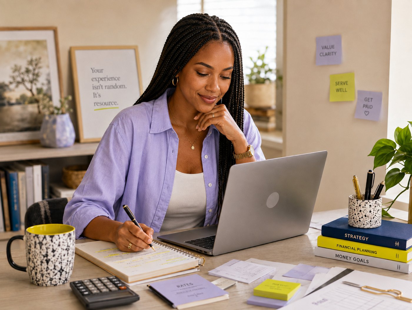 African-American woman with long box braids working at a laptop in a home office, representing work, value and portable income.