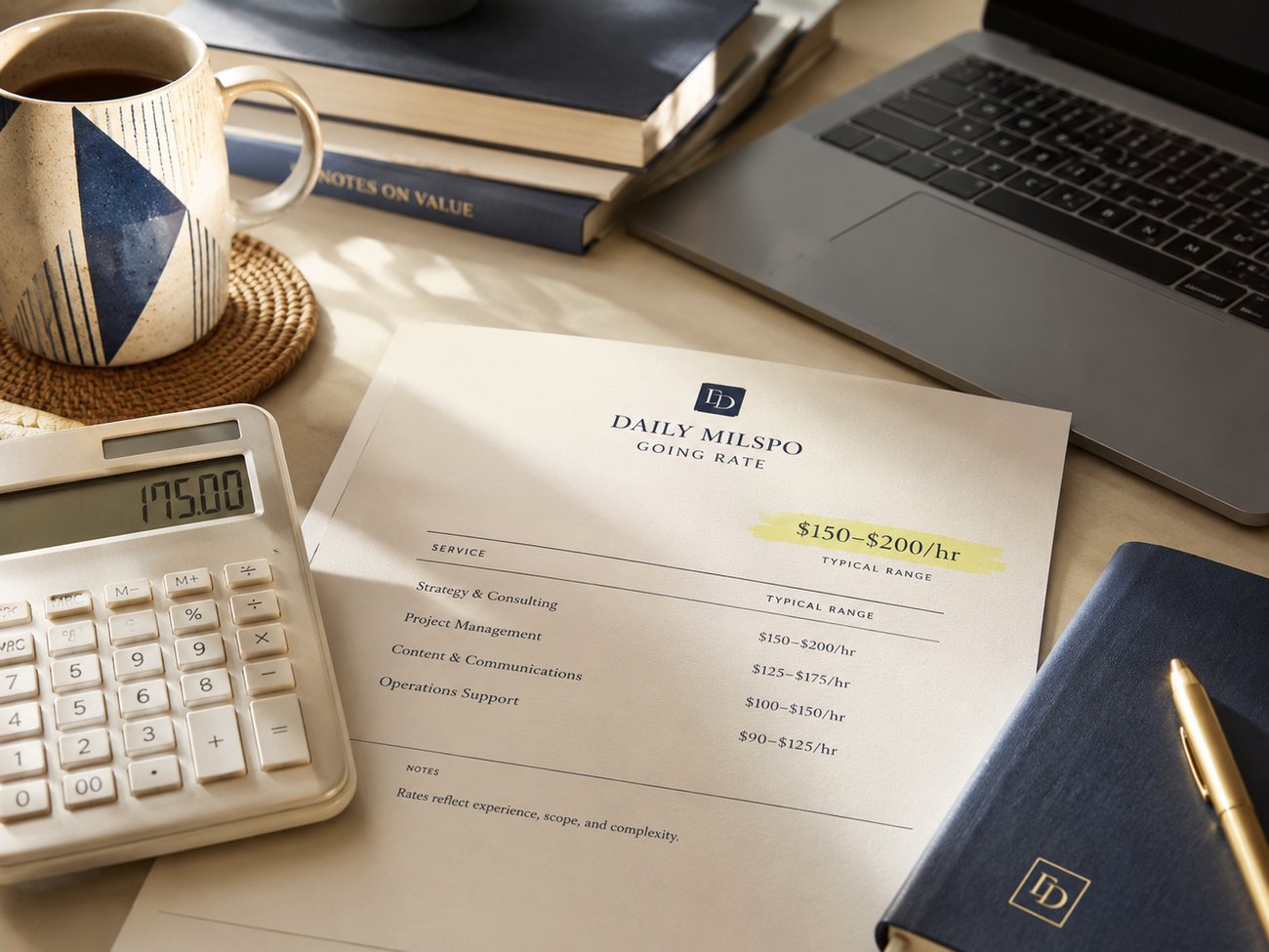 Editorial desk still life with calculator, notebook, invoice, pen, and highlighted rate.