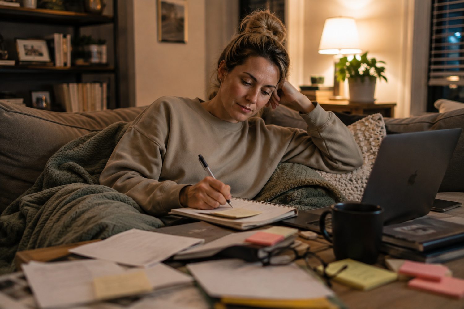 A woman writes in a notebook on the couch late at night, laptop open, plans and sticky notes spread across the coffee table.