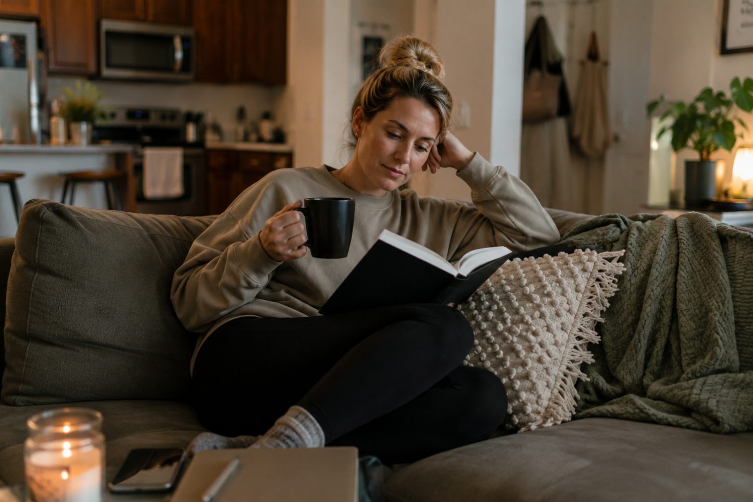 The same woman curled on the couch with a mug and a book, deep in the research phase.