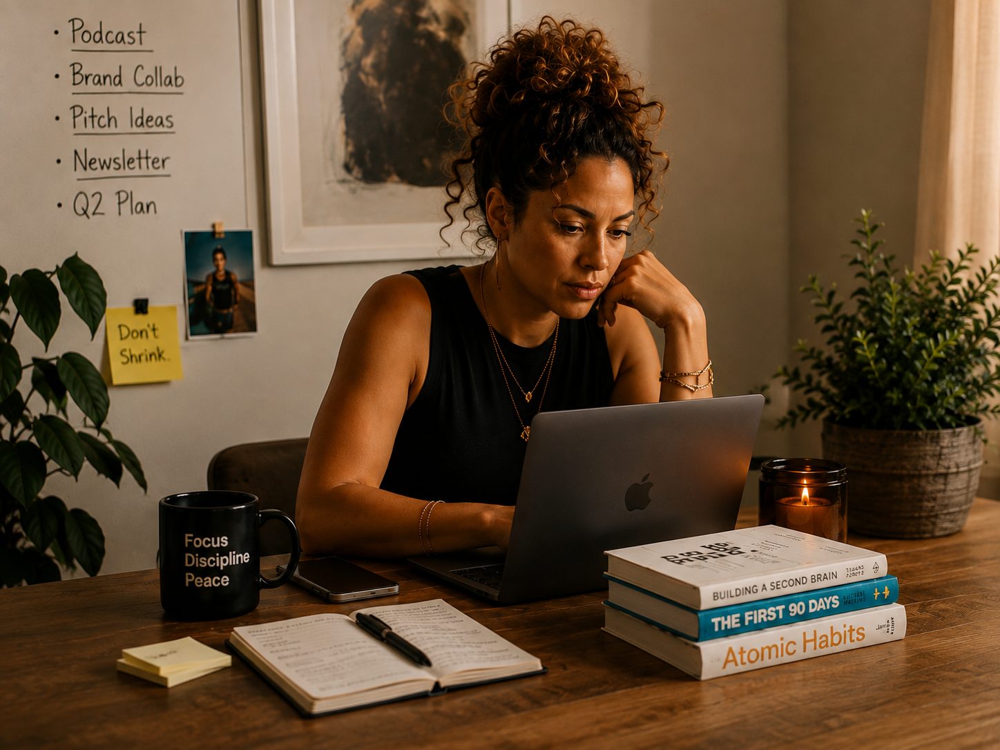 A woman studies her laptop at a desk beside a notebook, a stack of books, and a whiteboard of plans.