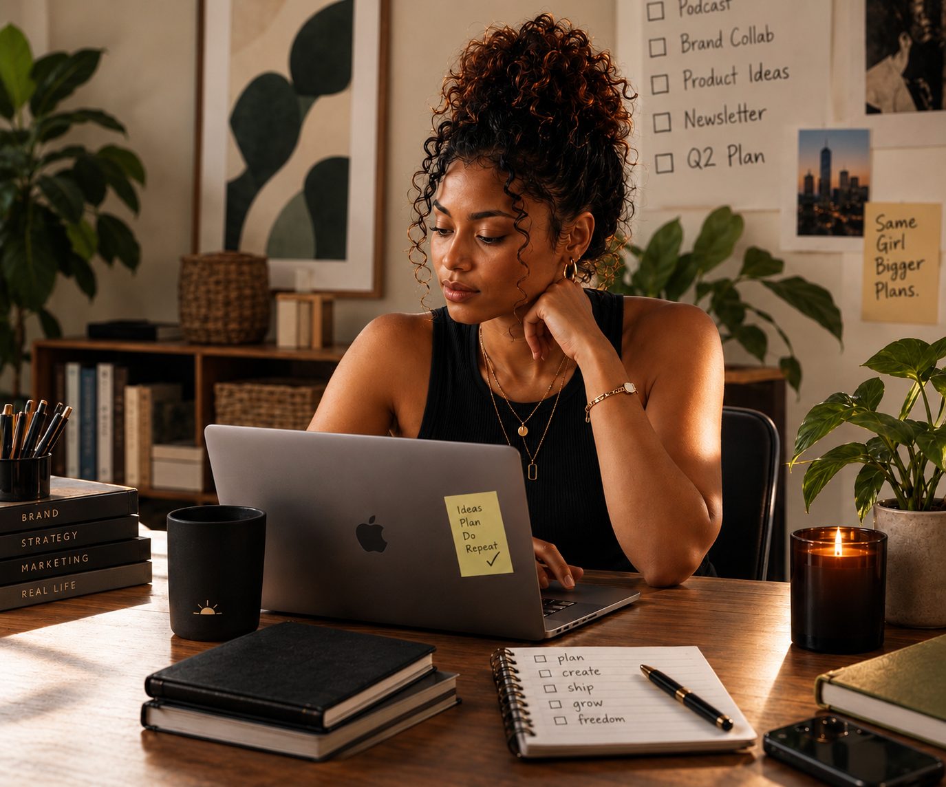 A woman works at a warm home desk in golden light, laptop open, plans and notes pinned on the wall behind her.