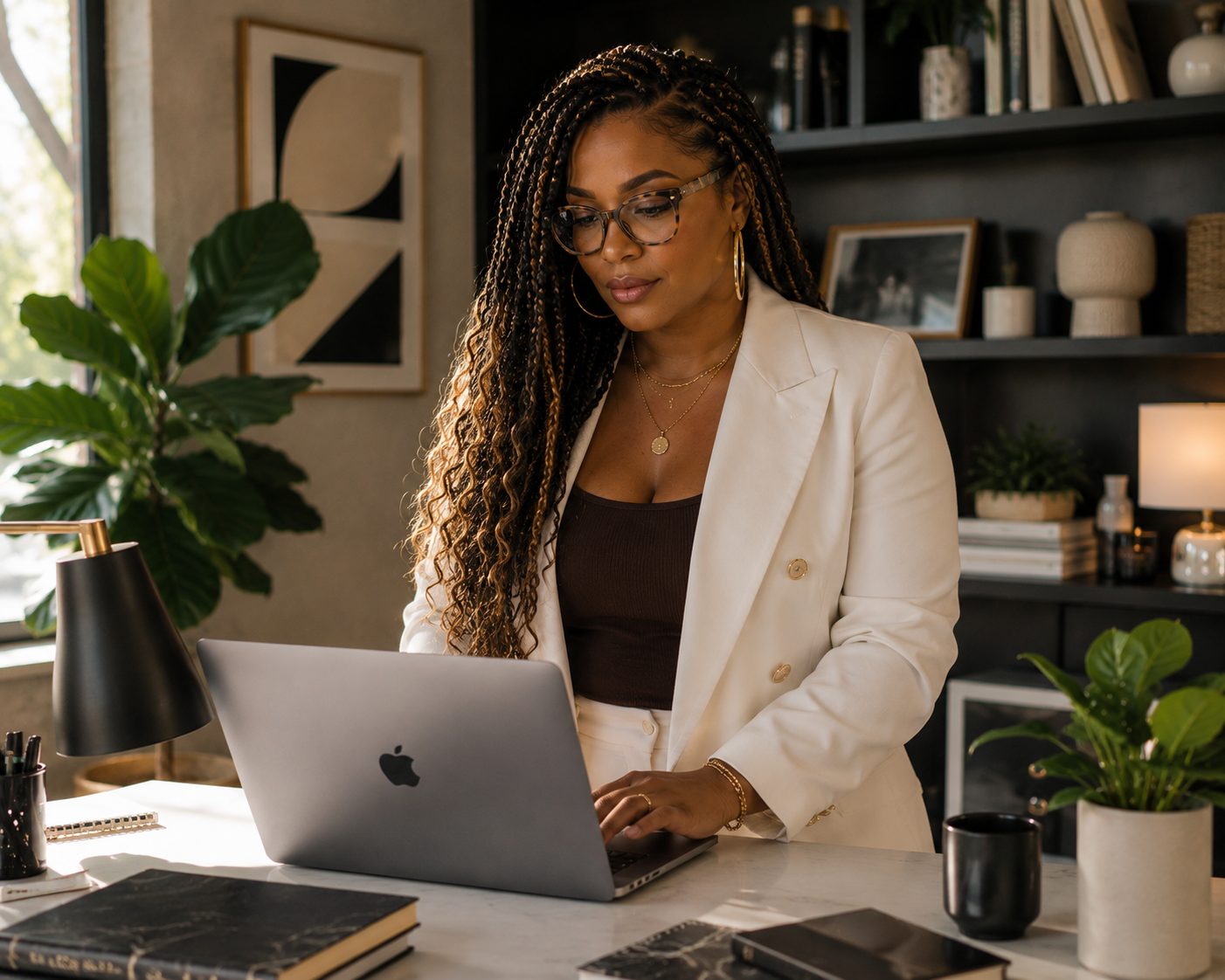 The same woman at her desk, focused on her laptop in a warmly styled office.