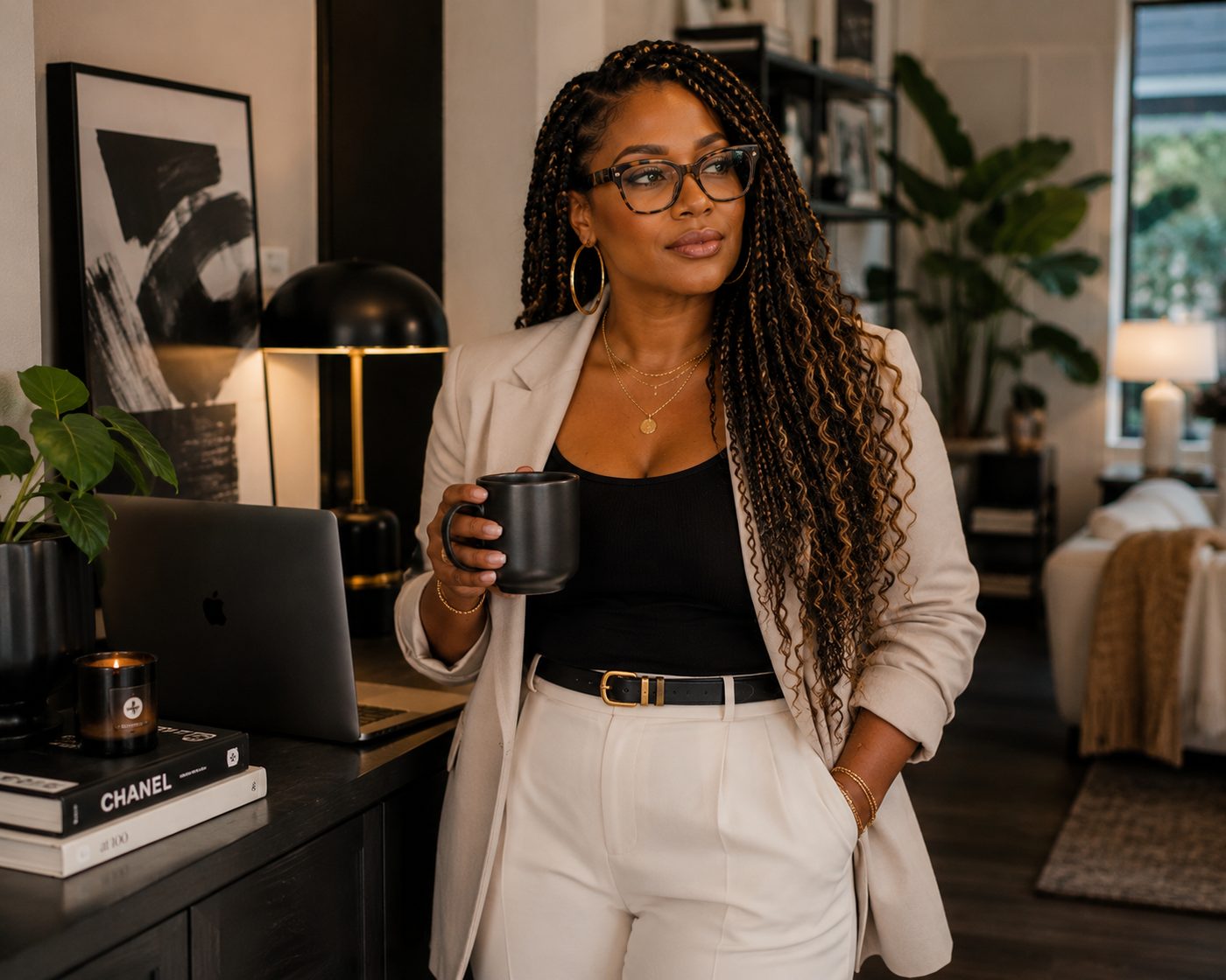 A woman in a light blazer stands in her home office with a mug, looking toward the window, mid-thought.
