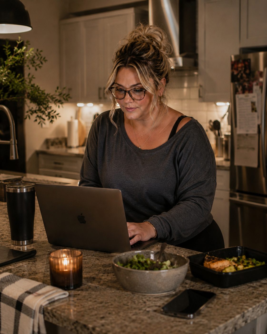 Evening at the kitchen counter: laptop open beside dinner, a candle lit, the day still going.