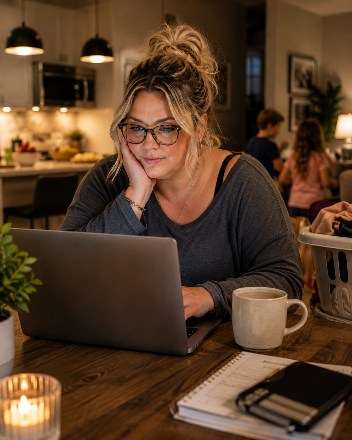 A woman rests her cheek on her hand at the dinner table, laptop open, a laundry basket beside her and kids moving through the kitchen behind.