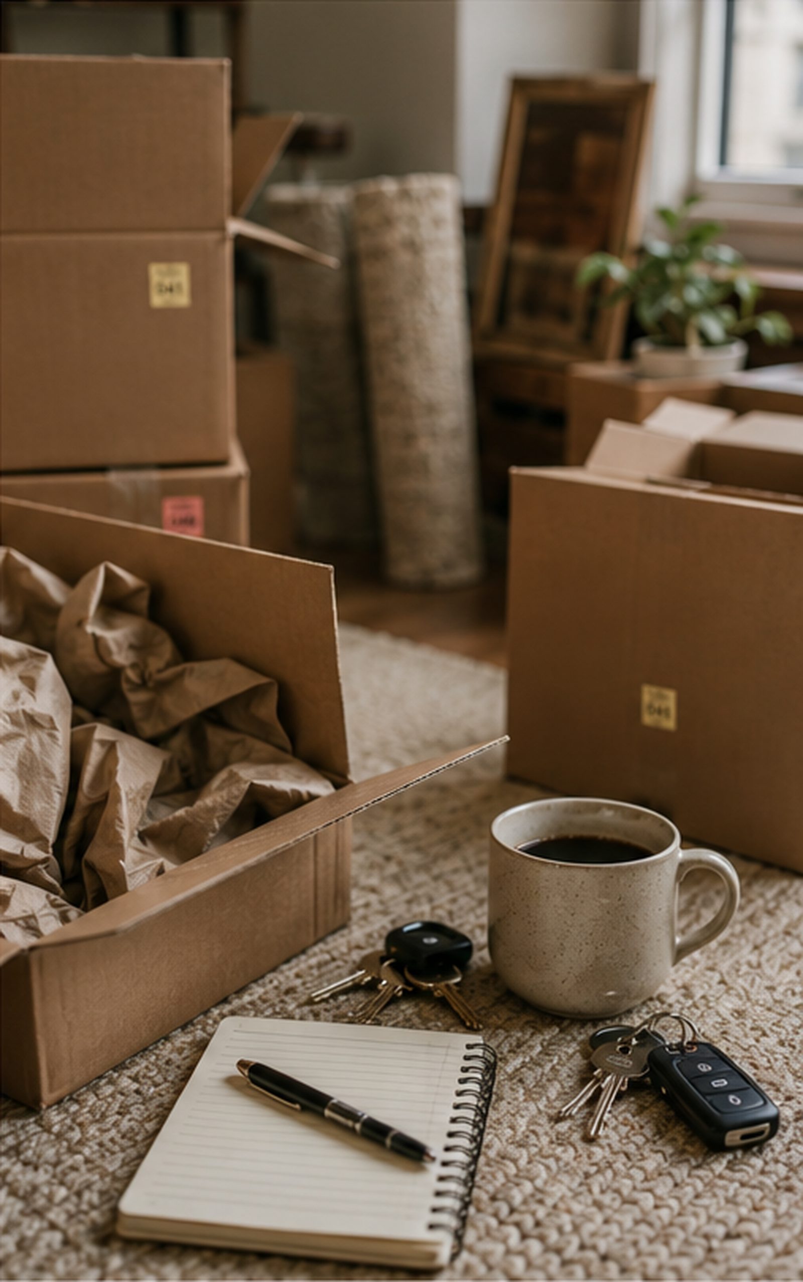 Open moving boxes with small inventory stickers, house keys, a notebook, and a cup of coffee on the floor.