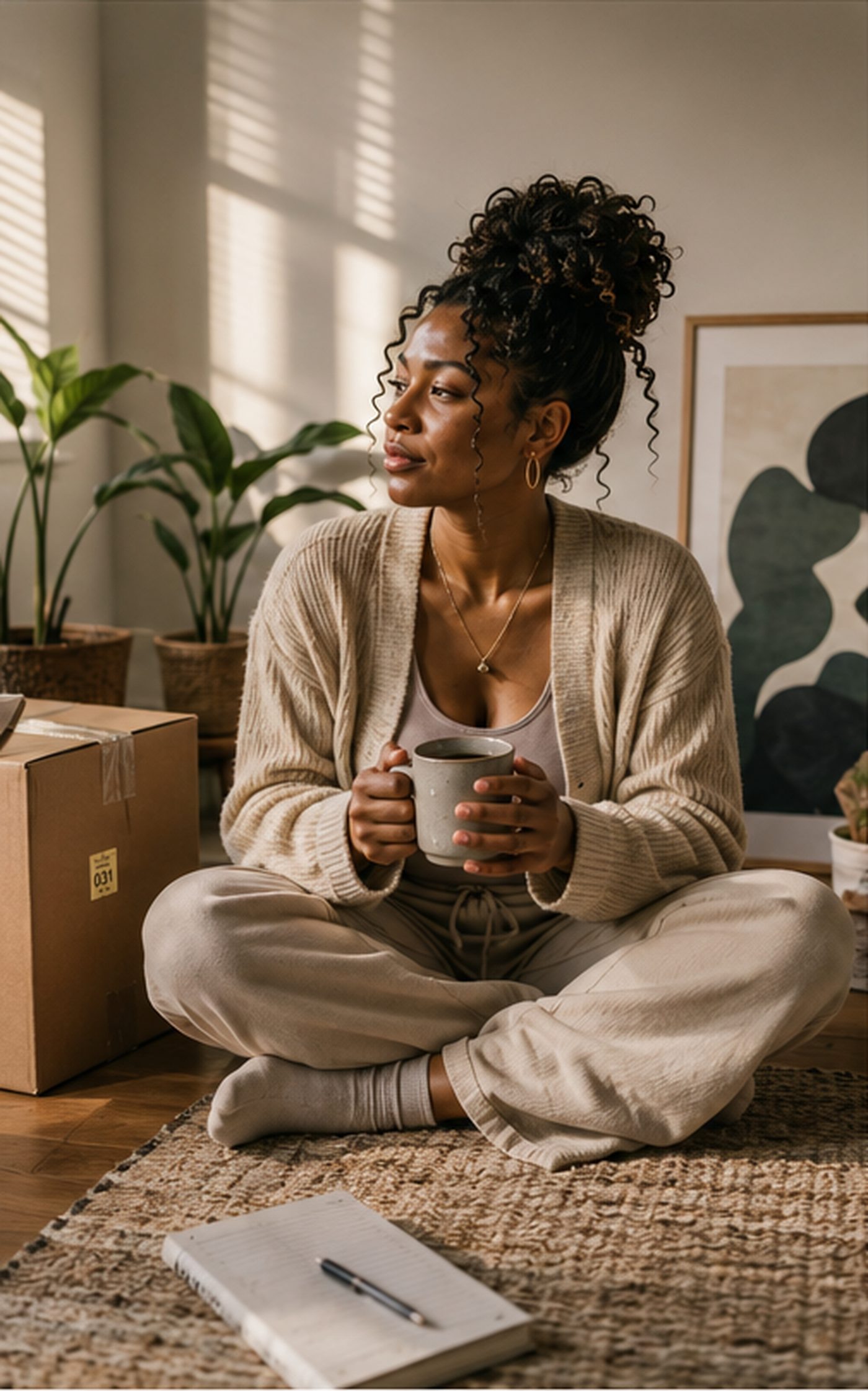 A woman sits on the floor of a half-unpacked living room in morning light, holding a mug, looking away from the boxes.