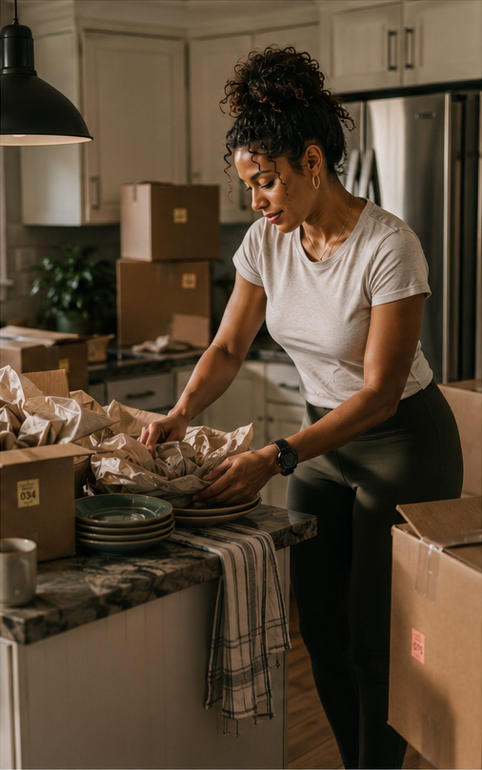 A woman unwraps dishes from packing paper at a kitchen counter, boxes stacked behind her.