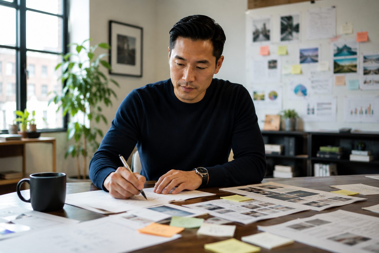 The same man seated at the table, pen in hand, working through printed plans and notes.
