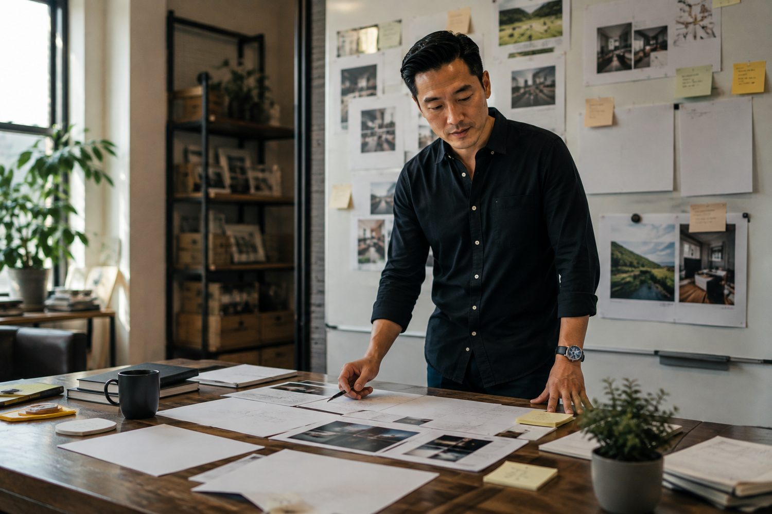 A man stands over a work table spread with plans and printed pages, reviewing the next version of the thing he built.