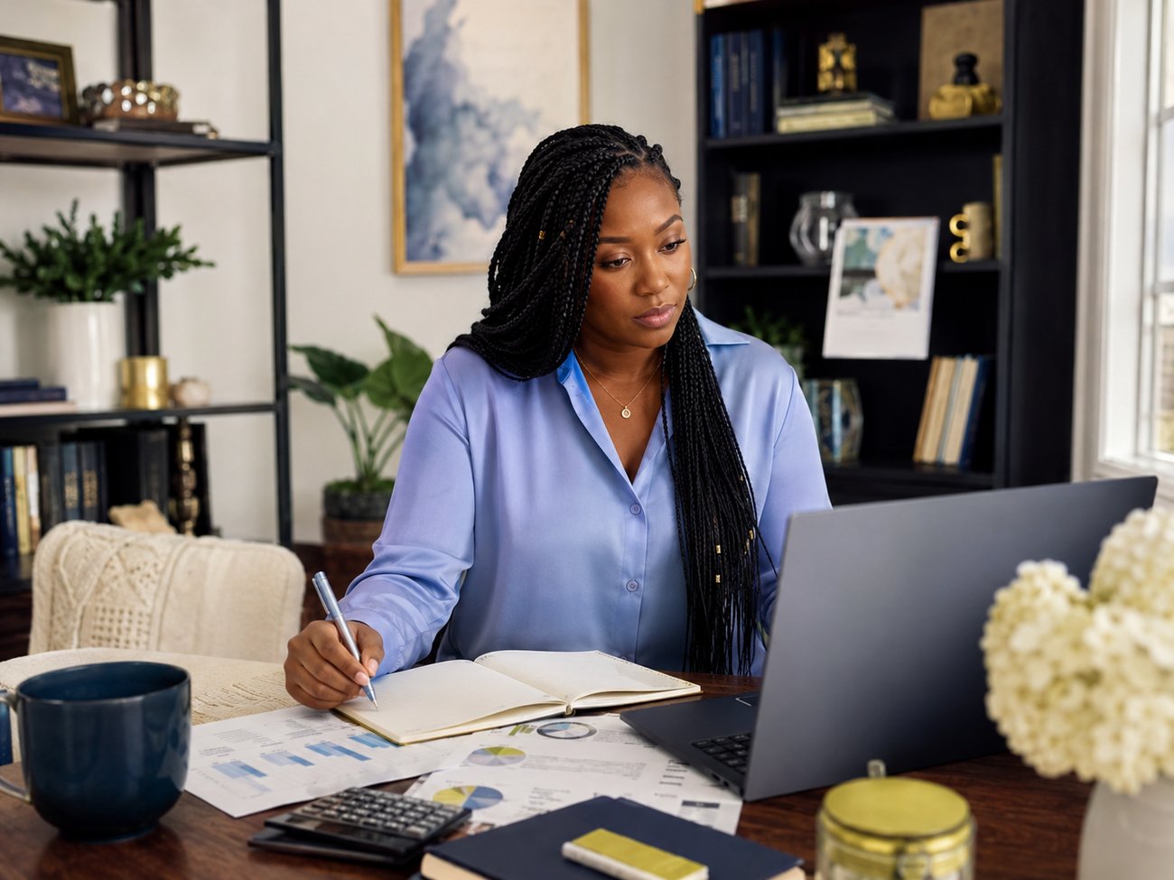 Woman with long box braids working from home at a laptop in a warm editorial workspace.