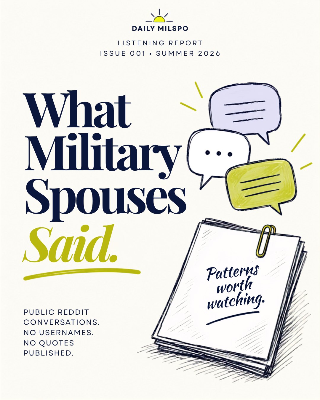 Listening Report Issue 001: what military spouses said. Public conversations, no usernames, no quotes published.