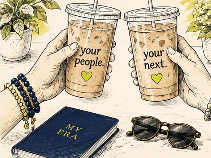 Illustration of two iced coffees raised in a toast, the cups reading your people and your next, beside a navy MY ERA book.