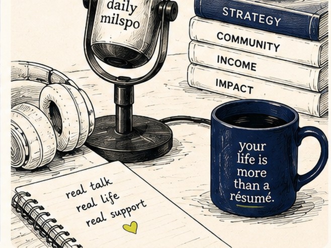 Illustration of a Daily Milspo microphone beside books labelled strategy, community, income and impact, and a mug reading your life is more than a resume.