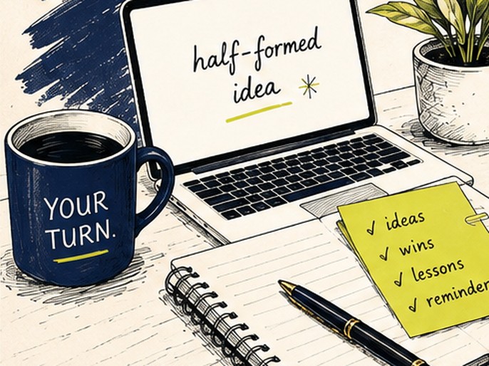 Illustration of a laptop reading half-formed idea beside a navy Daily Milspo mug and a checklist of ideas, wins, lessons and reminders.