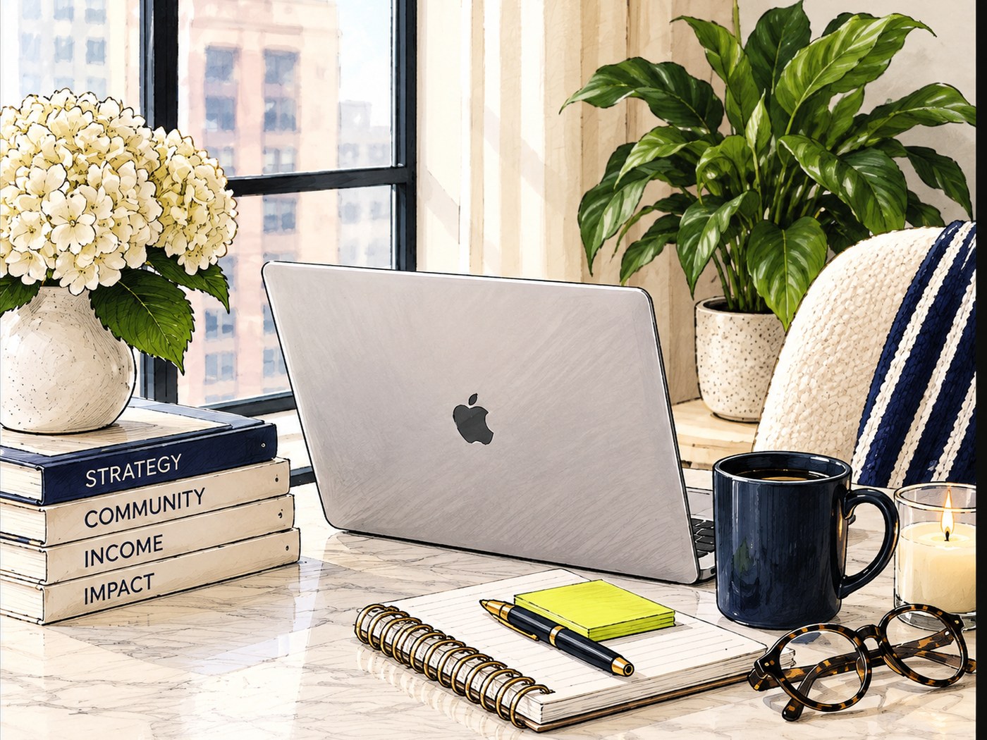 Illustration of a sunlit desk by a window: a laptop, hydrangeas, a navy Daily Milspo mug, a candle, glasses and books spined strategy, community, income and impact.