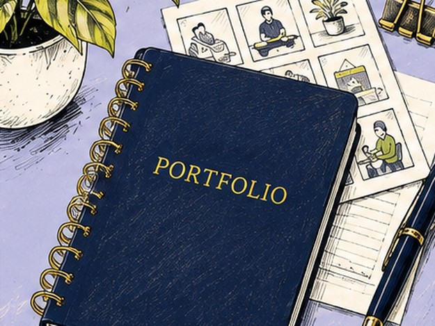 Illustration of a navy PORTFOLIO notebook on a lavender desk with a contact sheet of work tucked beside it.