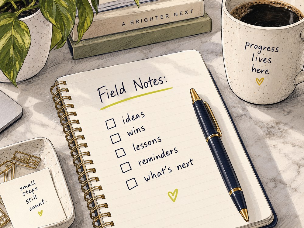 Illustration of a spiral notebook headed Field Notes with a checklist of ideas, wins, lessons, reminders and what's next, beside a mug reading progress lives here.