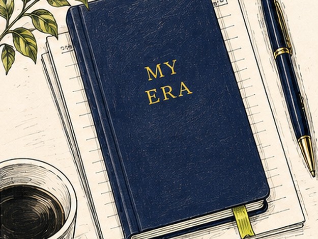 Illustration of a navy notebook embossed MY ERA on an open journal, with coffee and a pen.