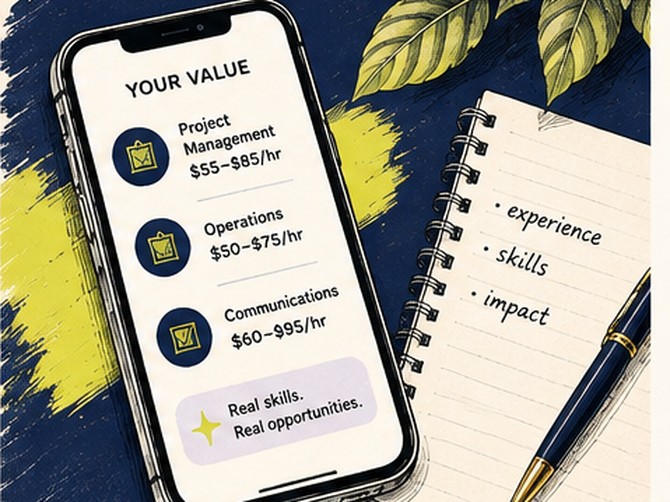 Illustration of a phone showing a Your Value screen with market rates for project management, operations and communications, beside a notepad reading experience, skills, impact.