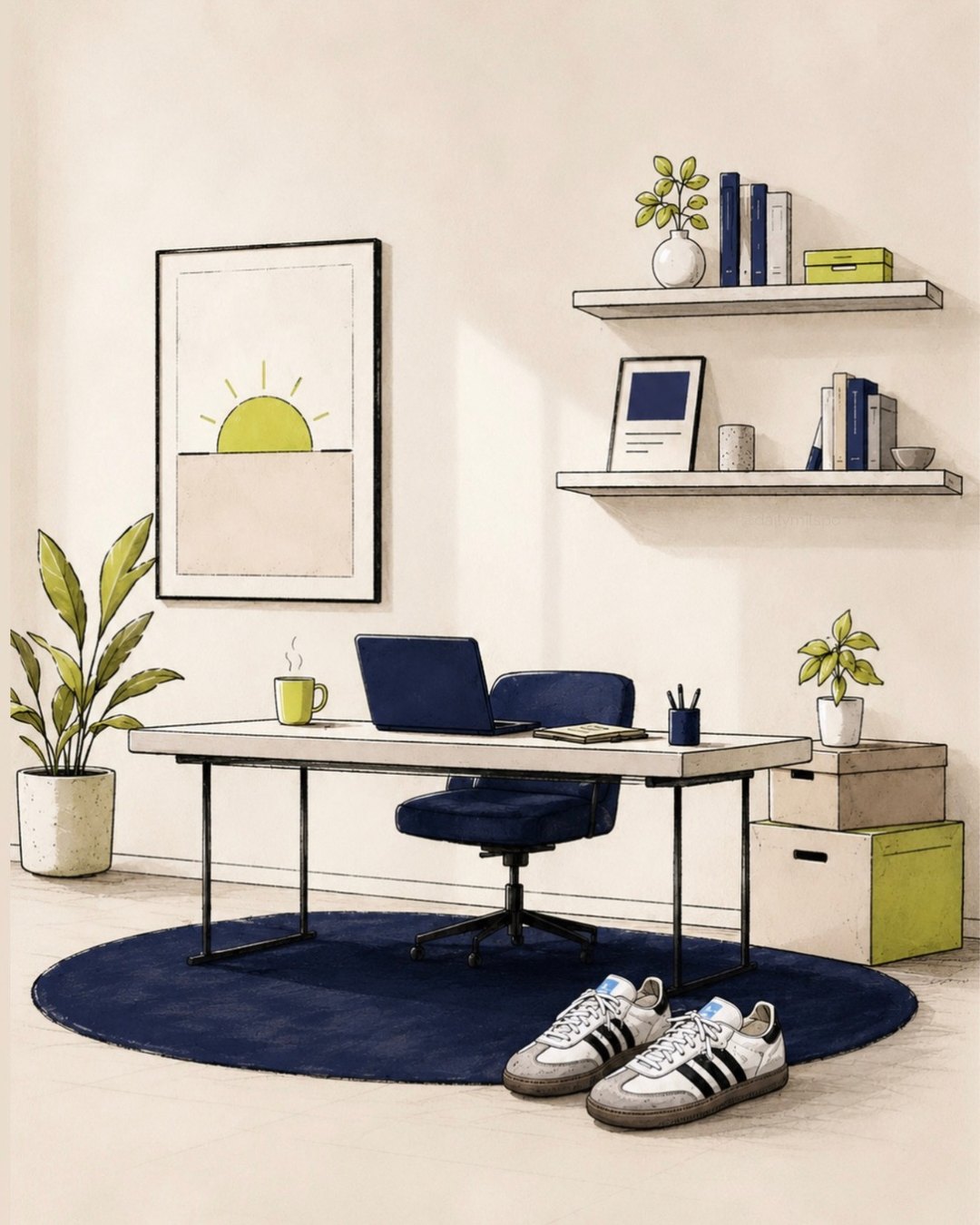 Illustration of a calm home office: a navy desk chair and laptop, a citron mug, the sunrise mark framed on the wall, and sneakers waiting on a navy rug.