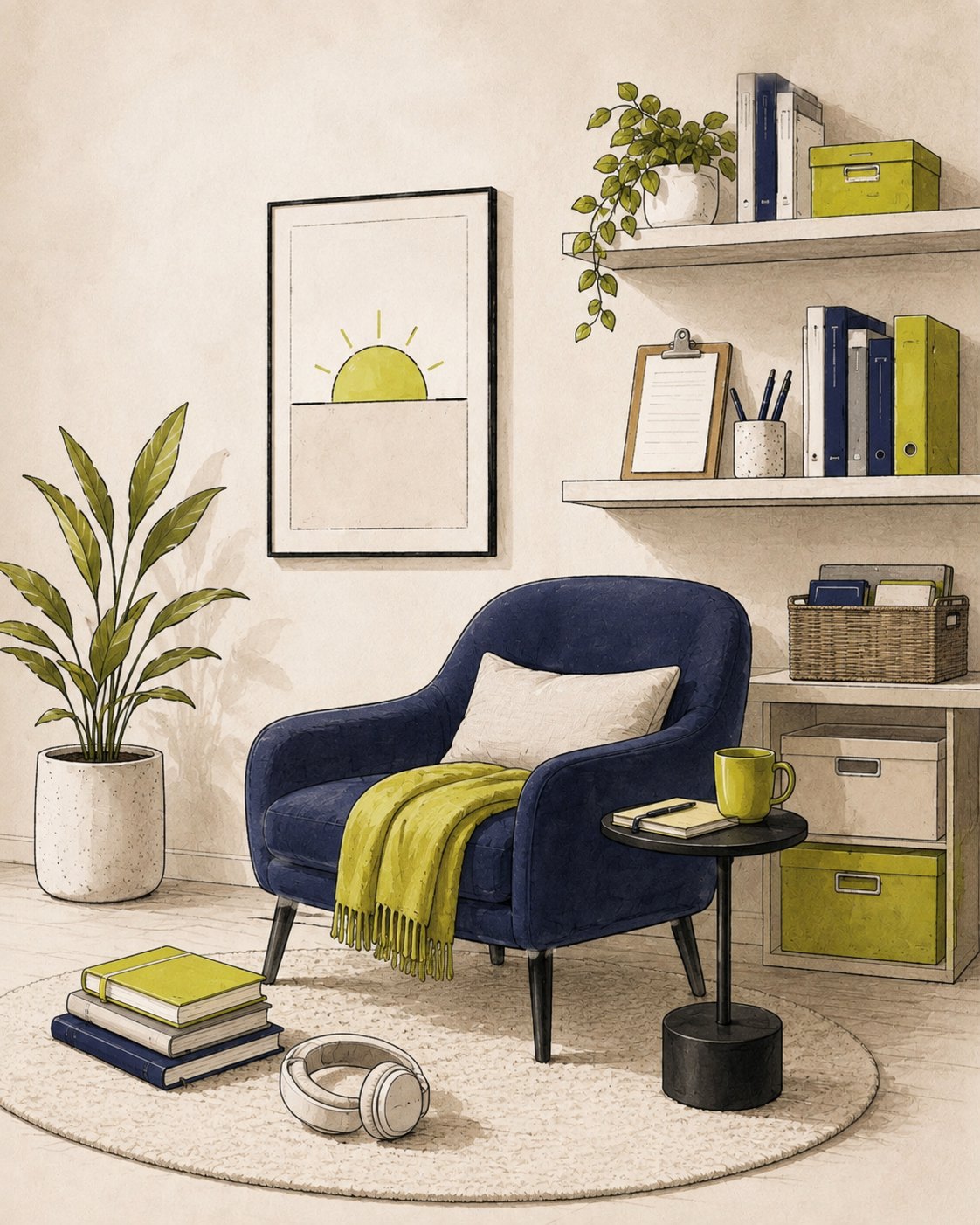 Illustration of a navy armchair with a citron throw, a stack of books and headphones on the rug, shelves of binders and a clipboard behind it.